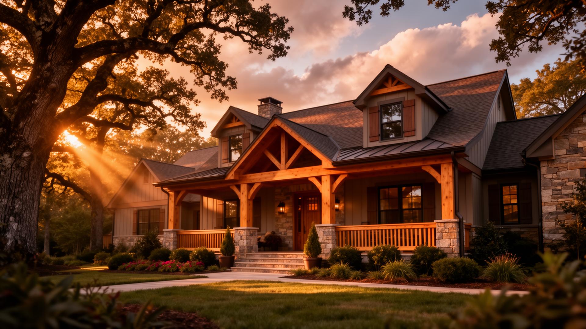 Dramatic golden hour exterior of a beautifully renovated craftsman home surrounded by mature oak trees